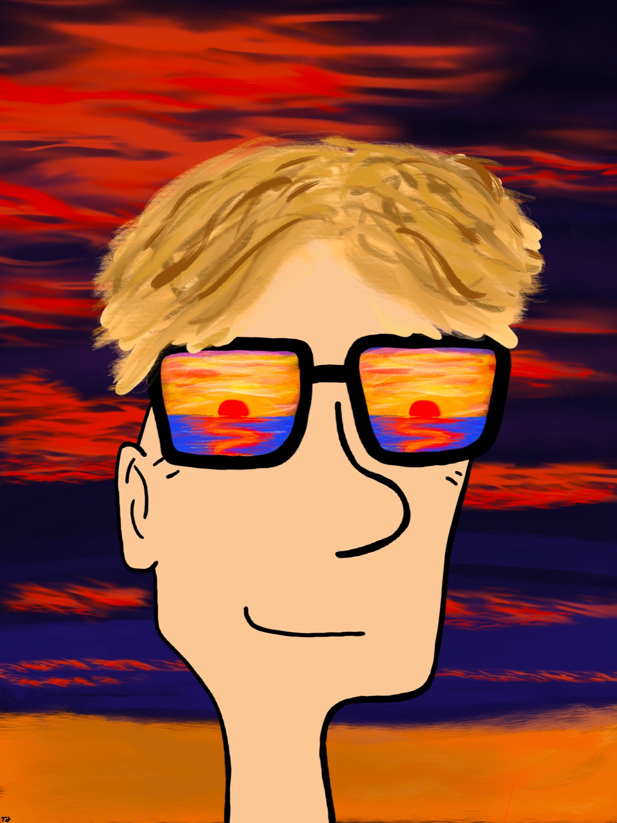 Tegnet portrett med solbriller som speiler en solnedgang.